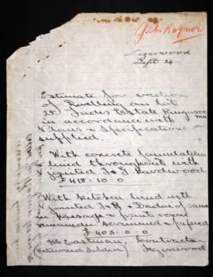 Thumbnail for AB15 Tenders, contracts and papers re dwellings on land leased by returned soldiers 1919-1920 > J A Raynor, Ringarooma