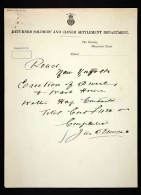 Thumbnail for AB15 Tenders, contracts and papers re dwellings on land leased by returned soldiers 1919-1920 > L B Read, New Norfolk