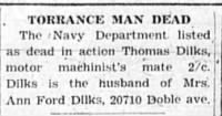 Thumbnail for Torrance Herald Nov 30 1944 Torrance Man Dead ,Thomas Dilks, Clip.png