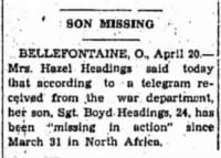 Thumbnail for Headings, Boyd V._Marysville Tribune_OH_Tue_20 April 1943_Pg 1.JPG