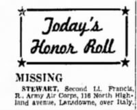 Thumbnail for Stewart, Francis R_Delaware County Daily Times_Chester, PA_Mon_10 Juy 1944_Pg 1.JPG