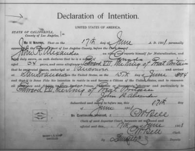 Alexander, John R > Declaration of Intention (1901)