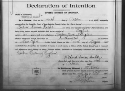 Thumbnail for Halke, Richard Simon > Declaration of Intention (1898)