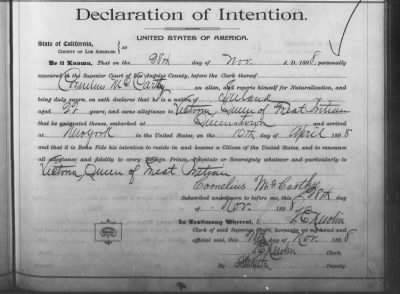 Thumbnail for Mc Carthy, Cornelius > Declaration of Intention (1898)