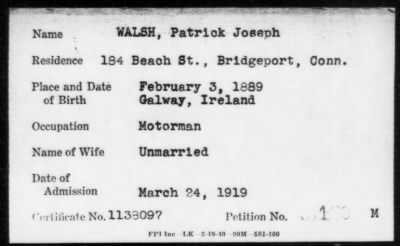 Thumbnail for 1919 > WALSH, Patrick Joseph