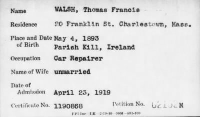 Thumbnail for 1919 > WALSH, Thomas Francis