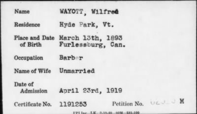 Thumbnail for 1919 > WAYOTT, Wilfred