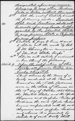 Thumbnail for Oct. 10, 1865-Apr. 7, 1866 > 341 - Confederated Tribes of Arapaho and Cheyenne tribes of Indians at the Camp on the Little Arkansas River in the State of Kansas, October 14, 1865; and assent to amendments, November 10 and 19, 1866.