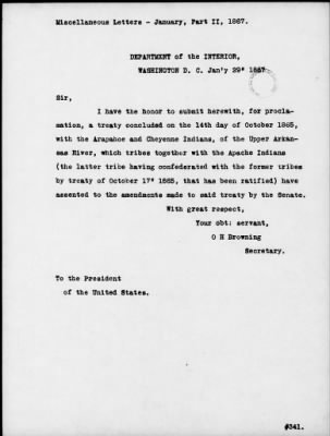 Oct. 10, 1865-Apr. 7, 1866 > 341 - Confederated Tribes of Arapaho and Cheyenne tribes of Indians at the Camp on the Little Arkansas River in the State of Kansas, October 14, 1865; and assent to amendments, November 10 and 19, 1866.