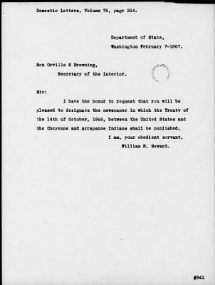 Oct. 10, 1865-Apr. 7, 1866 > 341 - Confederated Tribes of Arapaho and Cheyenne tribes of Indians at the Camp on the Little Arkansas River in the State of Kansas, October 14, 1865; and assent to amendments, November 10 and 19, 1866.