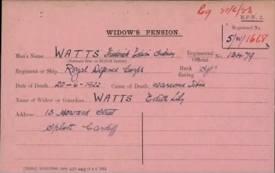 Thumbnail for 186/0981/WAT-WAX, Watts CA-Waxman M > Watts, Fredrick Edwin Sidney (13479)