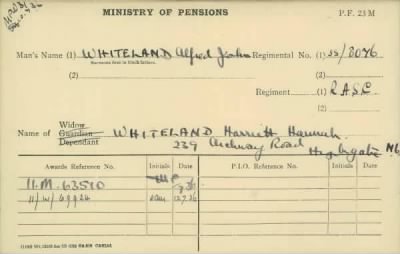 Thumbnail for 189/1000/WHI-WHI, Whitehouse J-Whiting D > Whiteland, Alfred James (SS/8076)