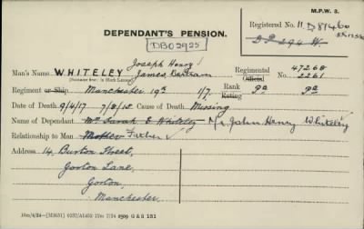 Thumbnail for 189/1000/WHI-WHI, Whitehouse J-Whiting D > Whiteley, Joseph Henry (47268)