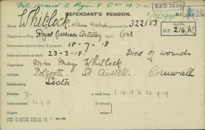 Thumbnail for 189/1000/WHI-WHI, Whitehouse J-Whiting D > Whitelock, William Herbert (322153)