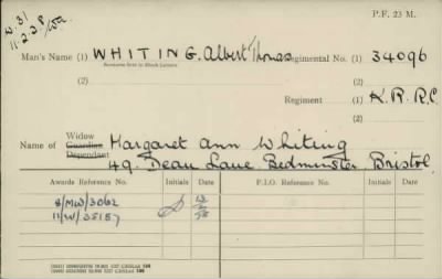 Thumbnail for 189/1000/WHI-WHI, Whitehouse J-Whiting D > Whiting, Albert Thomas (34096)