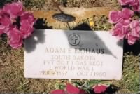 Headstone, Adam Bighaus, 1897 Herried, SD, 1960 ND, Butte Cemetery, with flowers.jpg