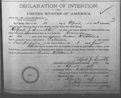 Thumbnail for Smith, Alfred J > Declaration of Intention (1889)