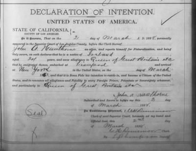 Thumbnail for Hawthorne, John A > Declaration of Intention (1888)