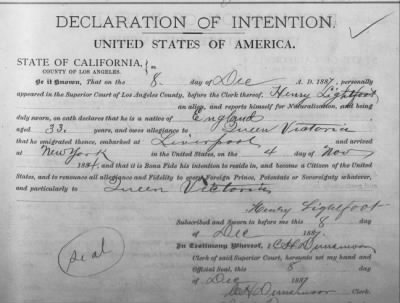 Thumbnail for Lighsfoot, Henry > Declaration of Intention (1887)