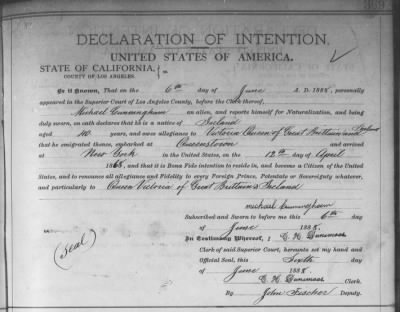 Thumbnail for Cunningham, Michael > Declaration of Intention (1888)