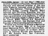 Thumbnail for Obituary for James PAULSON - The San Francisco Examiner, 09may1988