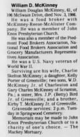 Thumbnail for Obituary for William Douglas McKinney (Aged 61) - The Greenville News Greenville, South Carolina 04Nov1986