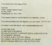 Fred Archer List of WWII Army Medals