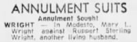 Thumbnail for Annulment Mary L Wright, Ruppert Sterling Wright, The Modesto Bee, 10Apr1966