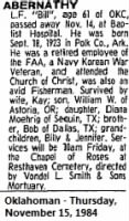 Thumbnail for LF Bill Abernathy Obituary, Oklahoman, 15Nov1984, from KimW on Findagrave