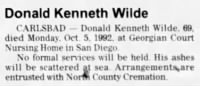 Thumbnail for Donald Kenneth Wilde, North County Times from Oceanside, California, 09Oct1992