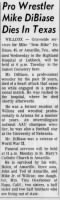 Thumbnail for Obituary for Mike DiBiase (Aged 45) Adoptive father of Ted DiBiase - Arizona Daily Star, Tucson, AZ, 05Jul1969