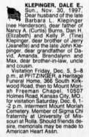 Thumbnail for Obituary for DALE E KLEPINGER - St Louis Post-Dispatch, MO, 03Dec1997