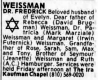 Thumbnail for Obituary for Fredrick Weissman, Detroit Free Press, MI, 08Oct1994