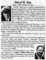 Thumbnail for Daryl H Sim, Obituary - Statesman Journal, Salem, Oregon 23Feb2007