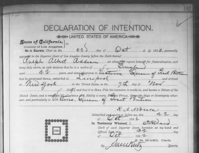 Thumbnail for Addison, Ralph Albert > Declaration of Intention (1892)