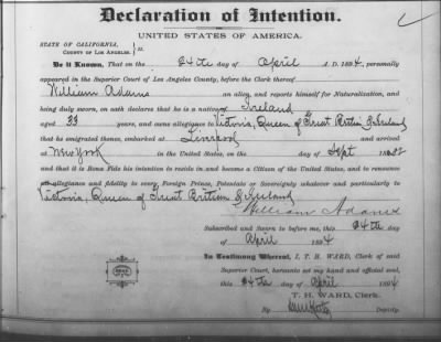 Thumbnail for Adams, William > Declaration of Intention (1894)