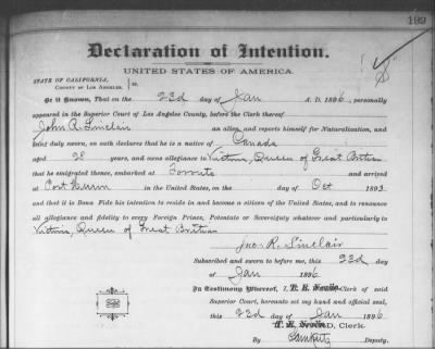 Thumbnail for Linclair, John R > Declaration of Intention (1896)