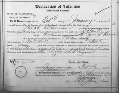 Thumbnail for Sherman, Jacob > Declaration of Intention (1906)